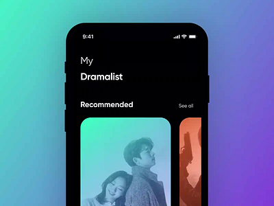 Drama List / Movie List: Redesign and Interaction animation card design colors dark theme drama gestures gradient interaction interaction design ios iphonex list list ui movie music typography ui ux