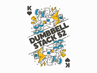 Packaging artwork for the Stack 52 card series blue and yellow dumbbell illustration lightning line art line craft line illustration packaging playing card stack 52 upside down