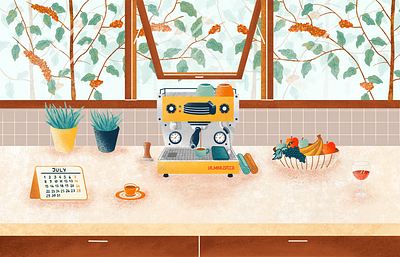 La Marzocco Espresso Machine backgroung blog post coffee coffee plant espresso machine fruits handcrafted illustration italian procreate textured illustration trees web illustration window wine