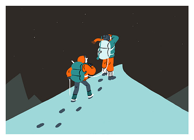 On Top of The World art cold colors design editorial art explorer friends graphic illustration illustrator journey mountain nature night sky stars