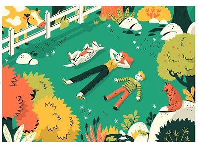 Country Side art art direction camille ferrari color countryside cow design dog editorial art family field fox graphic illustration illustrator nature plants sleep tree weekend