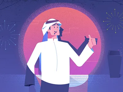 spot light 2d abstract art celebration character design excited expressions flat focus happy illustration man saudi shadows trash vector