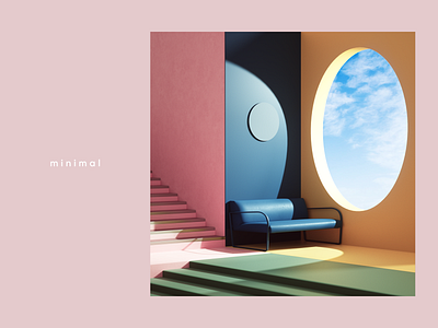 Minimal 3d abstract architecture blue c4d cgi cinema4d clouds colors design geometric illustration interior interior design minimal pink render set sky space