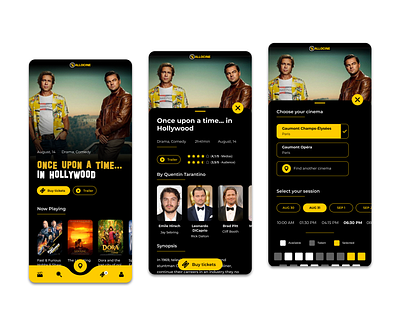 Cinema App - AlloCine Redesign app app design black cinema cinema app dailyui design challenge mobile mobile app mobile app design mobile ui movie movies redesign redesign concept uiux yellow