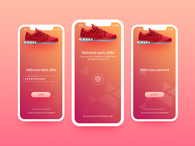 Fingerprint login screen for sport items store app app design classic login design digital fingerprint flat forgot password grabient ios login sneakers soft sport store ui ux