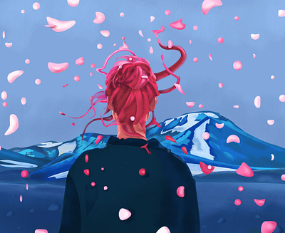 Blue Sky art color dream fire flame fly freedom girl hair illustration memory mountain nature particles portrait red sky snow space wind