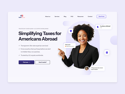 1040 Abroad landing page branding bubbles consulation design hero illustration landing page person pills purple tax ui ux web