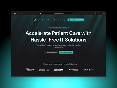 Dental IT Company Landing Page dark landing page dark mode dark website dental dental website dentist design glow healthcare healthcare website landing page teal ui ui design uiux uiux design ux design website