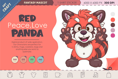 Cartoon Red Panda Peace, Love. adorable art bear cartoon character clipart comic design illustration mascot red panda sticker t shirt teddy vector