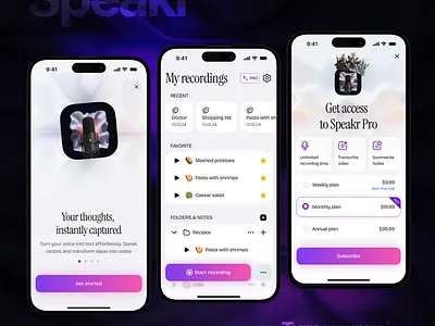 Speakr: turn your voice into text app design figma gradient illustration list main screen notes onboarding product recording subscription trend typography ui ux voice