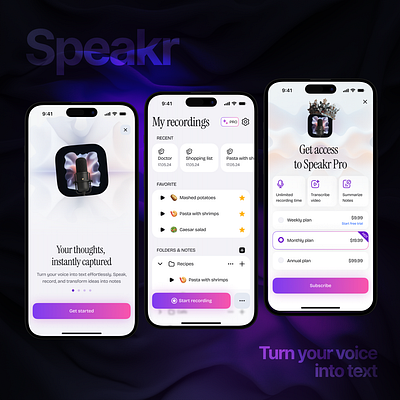 Speakr: turn your voice into text app design figma gradient illustration list main screen notes onboarding product recording subscription trend typography ui ux voice