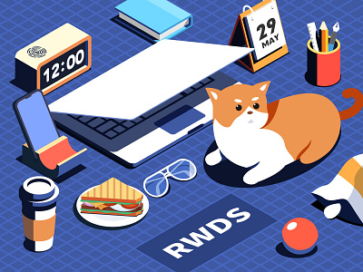 Isometric desk cat clock coffee computer illustration pen ps sandwich