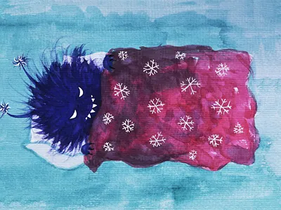 Evil bug goes to sleep bed blanket character creature cute evil grin hairy lazy monster relax sleep sleeping sleepy snowflakes winter