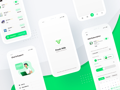 Freshmilk App Screens app chat checkout contact filters fresh freshmilk interface ios logo milk delivery milk services payment product schedule splash subscription support ui wallet
