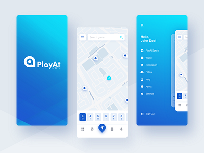 New concept for PlayAt Sports app app application blue and white branding burger calendar clean design gradient icons location logo map menu mobile splash sport ui ux vector