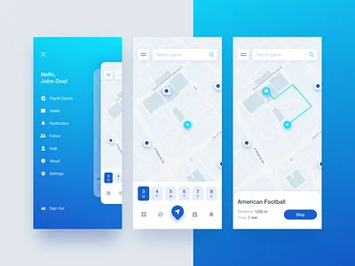New concept for Sport app application blue and white burger menu calendar clean design gradient icon locations map menu mobile navigation bar pin search ui ux