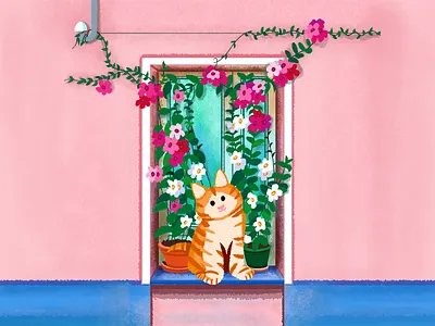 Cat and Balcony balconies balcony cat design flower happy illustration love palnt summer sun sunny ui