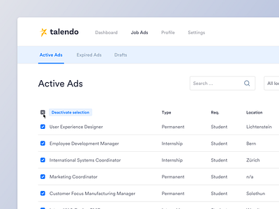 Table data view ads bulk action check checkmark dashboard data finance fintech job board jobs light table ui user interface ux view