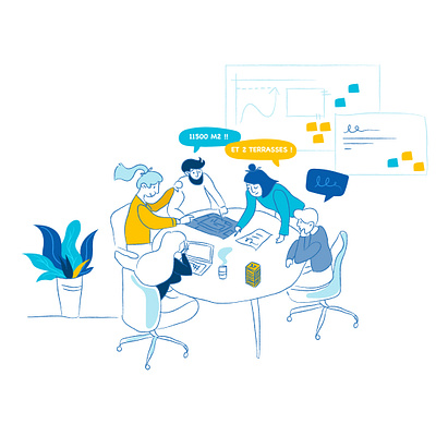 Illustration - New workplace : round table cocreation design doodle enterprise goodplace illustration people plant postit round table team teamwork ui ux vector work worker workplace workshop