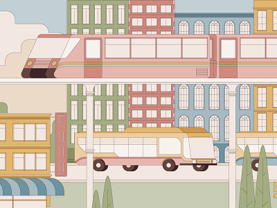 House Beautiful bus city editorial flat graphic illustration linework neighbourhood transport vector