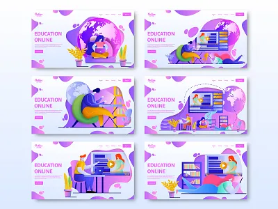 Online education. Set of templates cartoon character college concept course design e learning education flat illustration internet landing learn lecture library online remote school ui vector