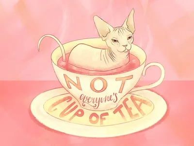 Not everyone's cup of tea - Sphynx Cat Illustration bubble gum pink cat illustration cute gouache illustration illustration digital naked cat procreate sphynx cat tea tea cup texture