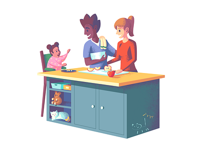 Family in the Kitchen apple cat child daughter family husband illustration illustration art illustrations kitchen teddy bear toddler wife