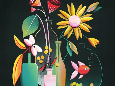 Flowers and a fishy bottles bubbles fish flat floral flower illustration leaf photoshop still life texture vector