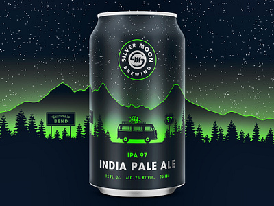 Silver Moon Brewing - IPA 97 beer bend branding bus can craft beer design gradient green hop ipa moon oregon package design packaging silver vanlife volkswagen