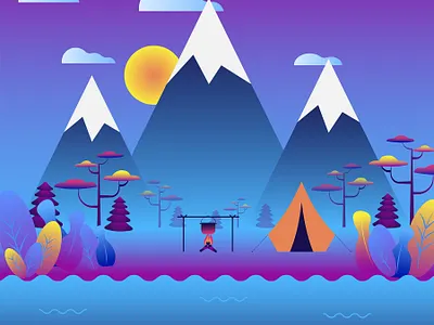 Flat vector illustration. Vacation and nature vacations concept. activity adventure background banner bonfire bush camp campfire campsite cartoon cauldron climbing day design evening explore fire flat forest freedom