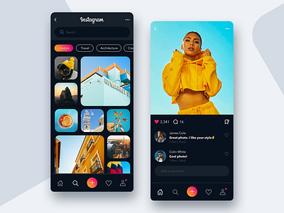 Instagram Dark Mode 2/2 📸- Mobile App Concept adobe app app design application concept daily ui dailyui dark darkmode gradient instagram minimal mobile app ui ui design uidesign ux ux design yellow