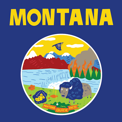 Montana Quick Facts sticker to accompany book. art art deco blue buffalo digital green illustration montana orang orange state sticker