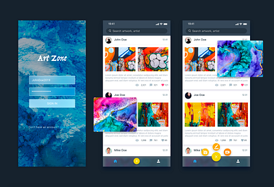 Art Zone - Application for Artist art blog blogger landing page home mobile app mobile application mobile ui mobile ux post sign in signup