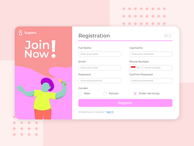 SupArt - Registration UI design design illustration pink register register form registration registration form ui uidesign vector web website