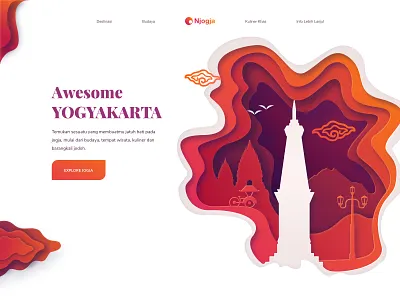 Njogja Landing Page building city illustration culinary design destination hero history homepage landingpage mountain temple traditional ui website