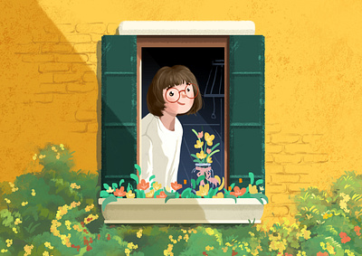 window & girl illustration