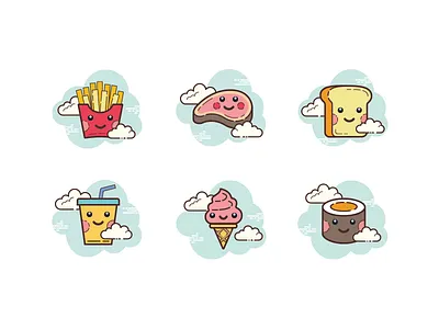 Cloud icons: kawaii food anime bread cute design food food and drink french fries icecream icon illustration kawaii kawaii art soda steak sushi ux vector web