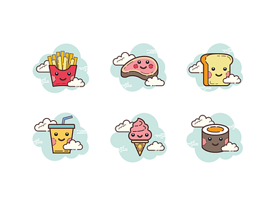 Cloud icons: kawaii food anime bread cute design food food and drink french fries icecream icon illustration kawaii kawaii art soda steak sushi ux vector web