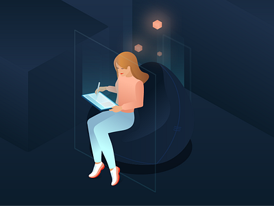 Dive into the digital world digital girl drawing illustration isometric pixels process tablet ui illustration