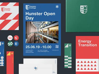 Hunster College blue branding college colors education geometric green red university visual identity