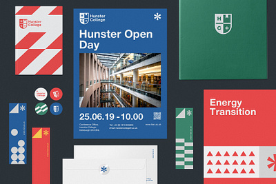 Hunster College blue branding college colors education geometric green red university visual identity