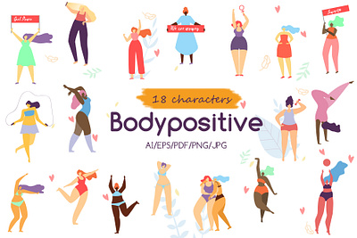 Body Positive Flat Collection banner body character dance exercise feminism fitness health healthy illustration jungle lifestyle pattern positive seamless sport tropical woman women yoga