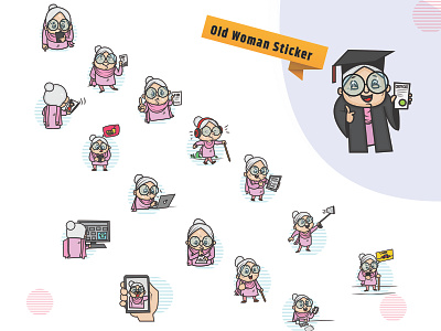 Old Woman Stickers cartoon cute design emoji emojiexperts expressions faces illustration set stickers