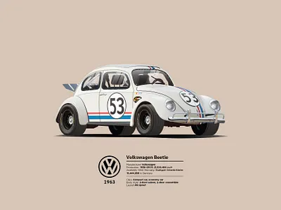 1963 Volskwagen beetle - 'Herbie' auto automobile beetle car design flat graphic illustration ilustracion modern race race car sport car vector volkswagen white car