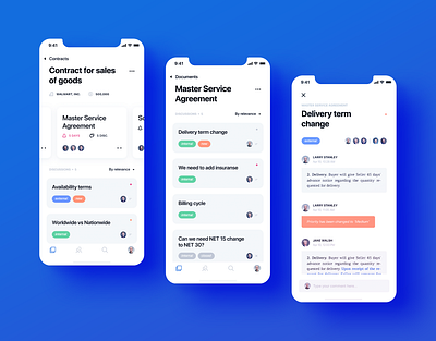 Parley App Design app blue business cards chat clean crisp dashboard design documents icons layout minimal mobile mockup negotiation ui users ux