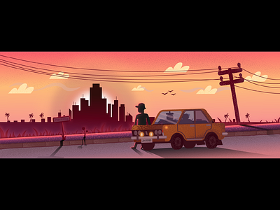 End of summer car city design illustration panoramic parking road space sunshine vector