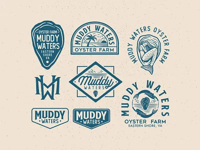 BRANDING MUDDY WATERS, OYSTER FARM apparel badge design branding clothing graphicdesign illustration logo monogram streetwear typography vector