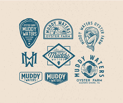 BRANDING MUDDY WATERS, OYSTER FARM apparel badge design branding clothing graphicdesign illustration logo monogram streetwear typography vector