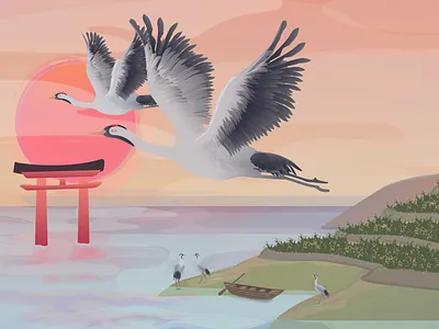 Cranes of Hamanoura 2d animation 2d illustration bird character design chracter design crane field illustration japan lake mascot motion graphic ricefield sunset tori