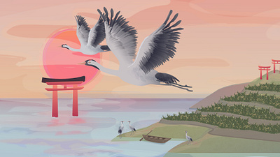 Cranes of Hamanoura 2d animation 2d illustration bird character design chracter design crane field illustration japan lake mascot motion graphic ricefield sunset tori